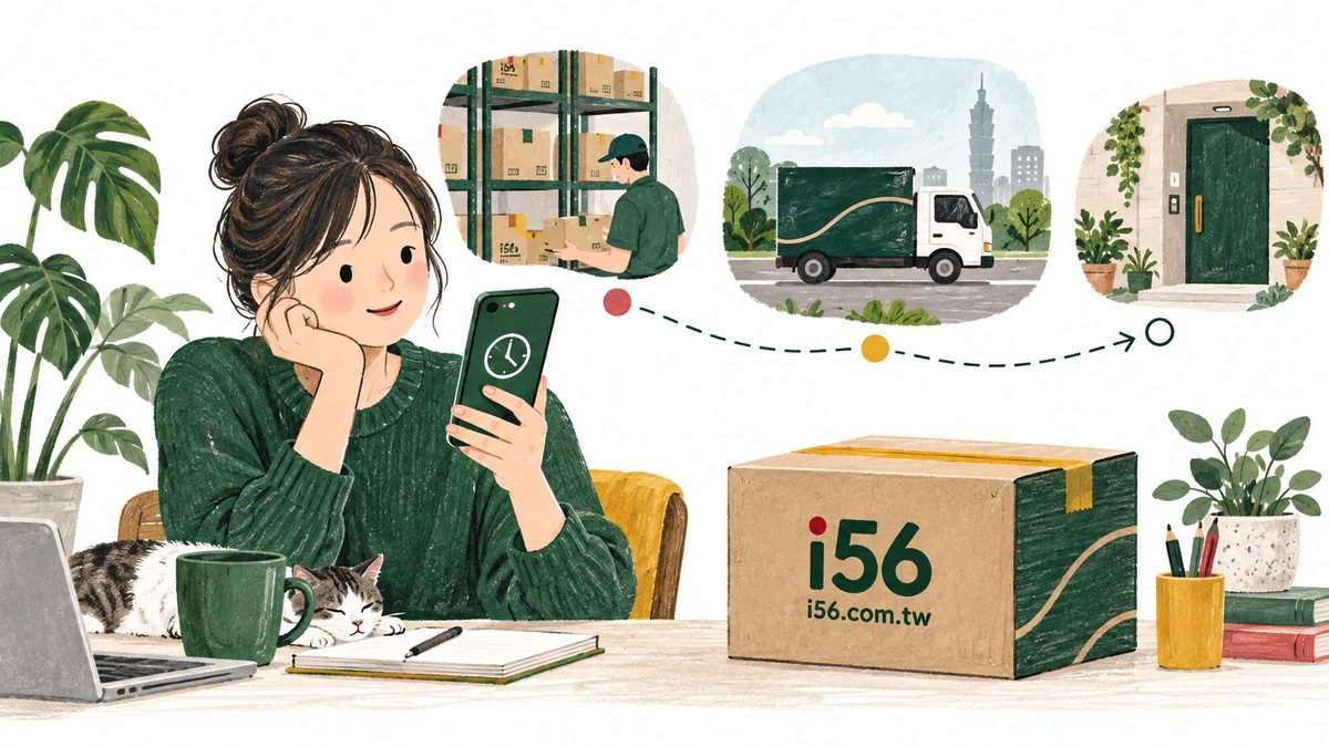 i56集運訂單查詢、倉庫與台灣配送階段手繪示意